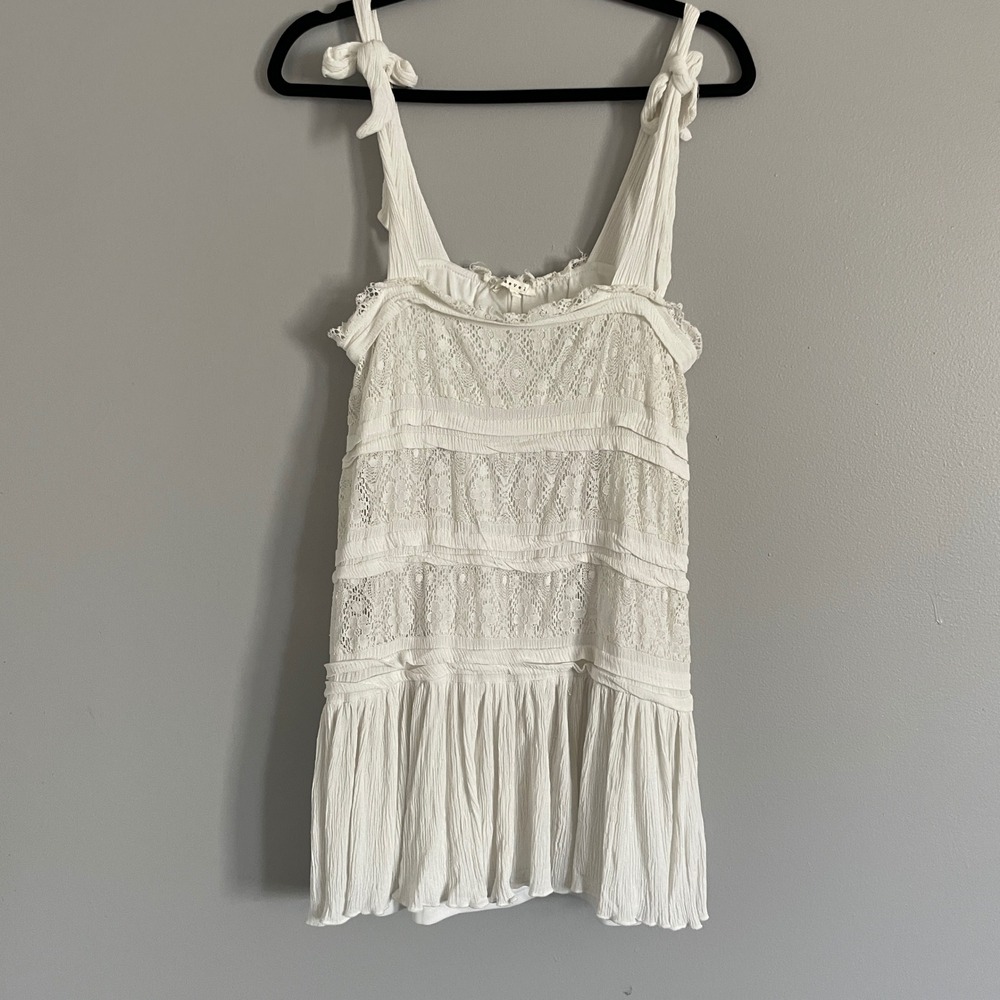 Baevely White Lace Tiered Boho Mini Dress Tie or Top Sleeveless Festival‎ Small